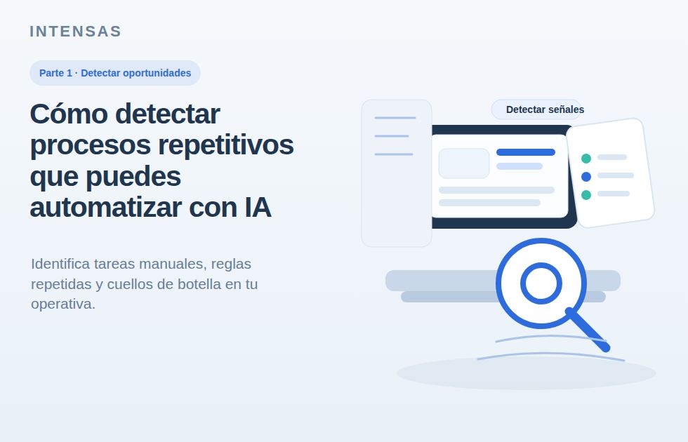Portada clara de oficina con portátil, documentos y lupa para ilustrar procesos repetitivos automatizables con IA